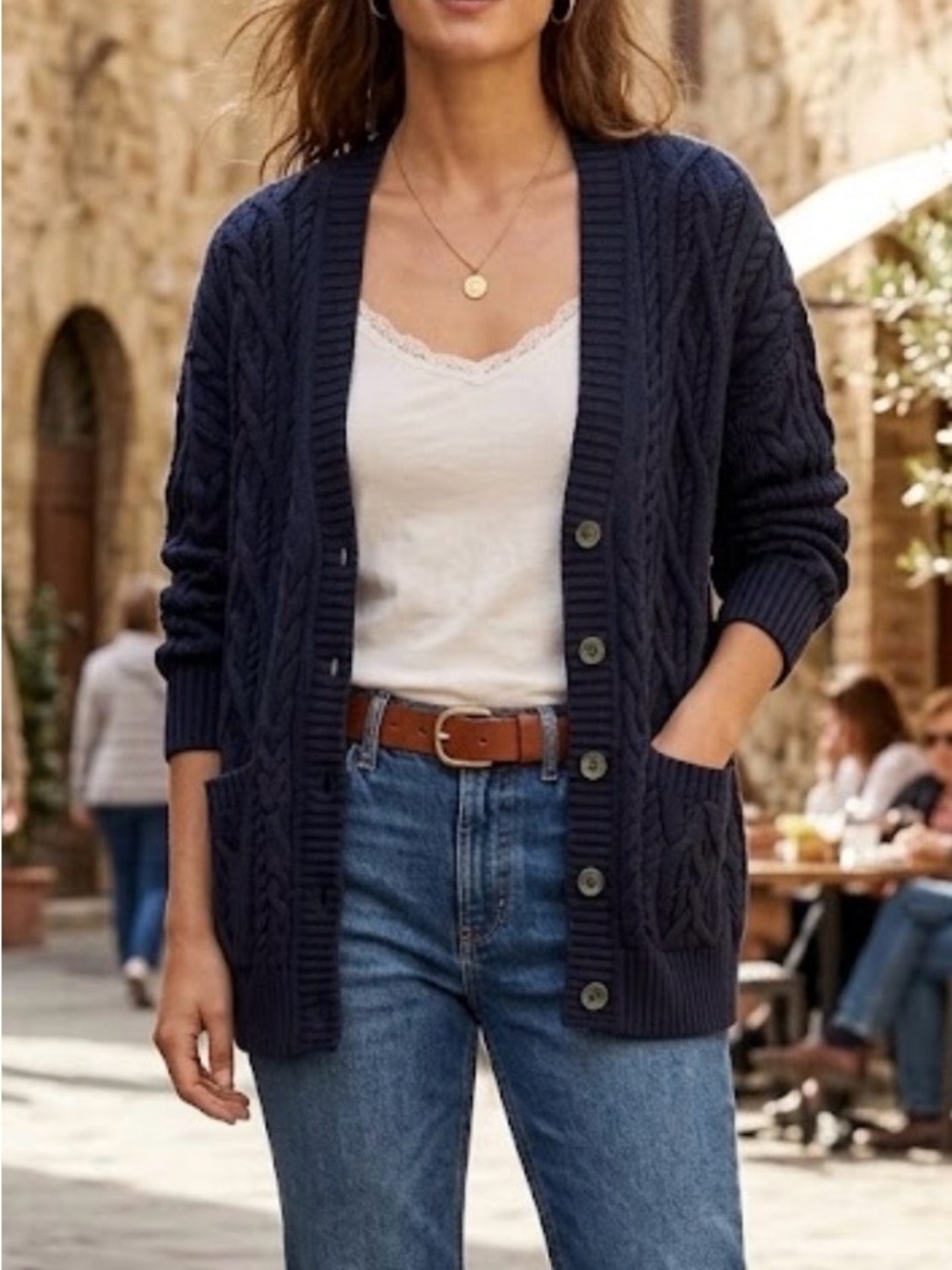 J Crew navy cable knit grandfather cardigan v-neck cotton pockets preppy XL